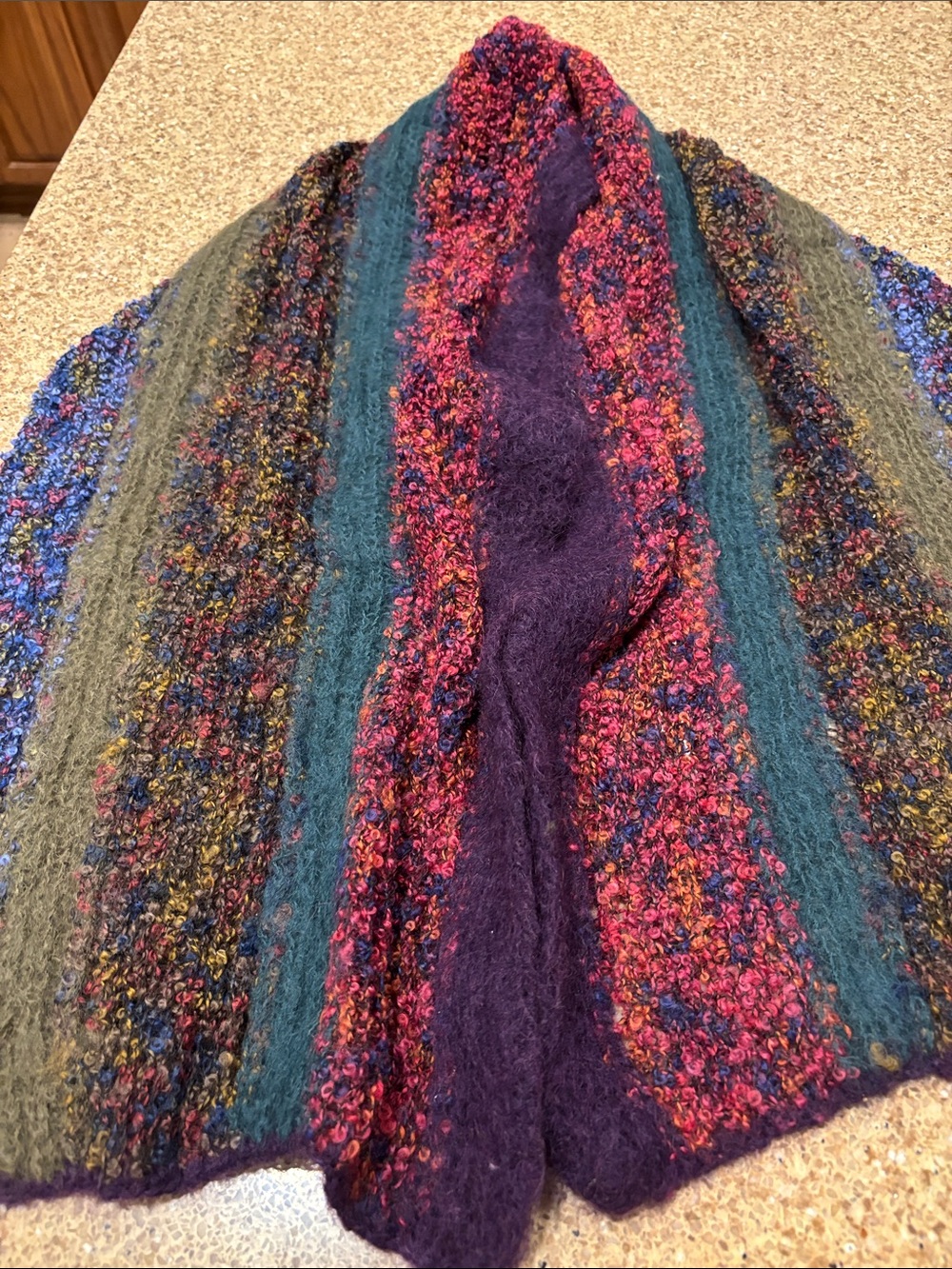 Multicolor Bouclé Knit Women's Scarf with Deep Purple & Teal Stripes